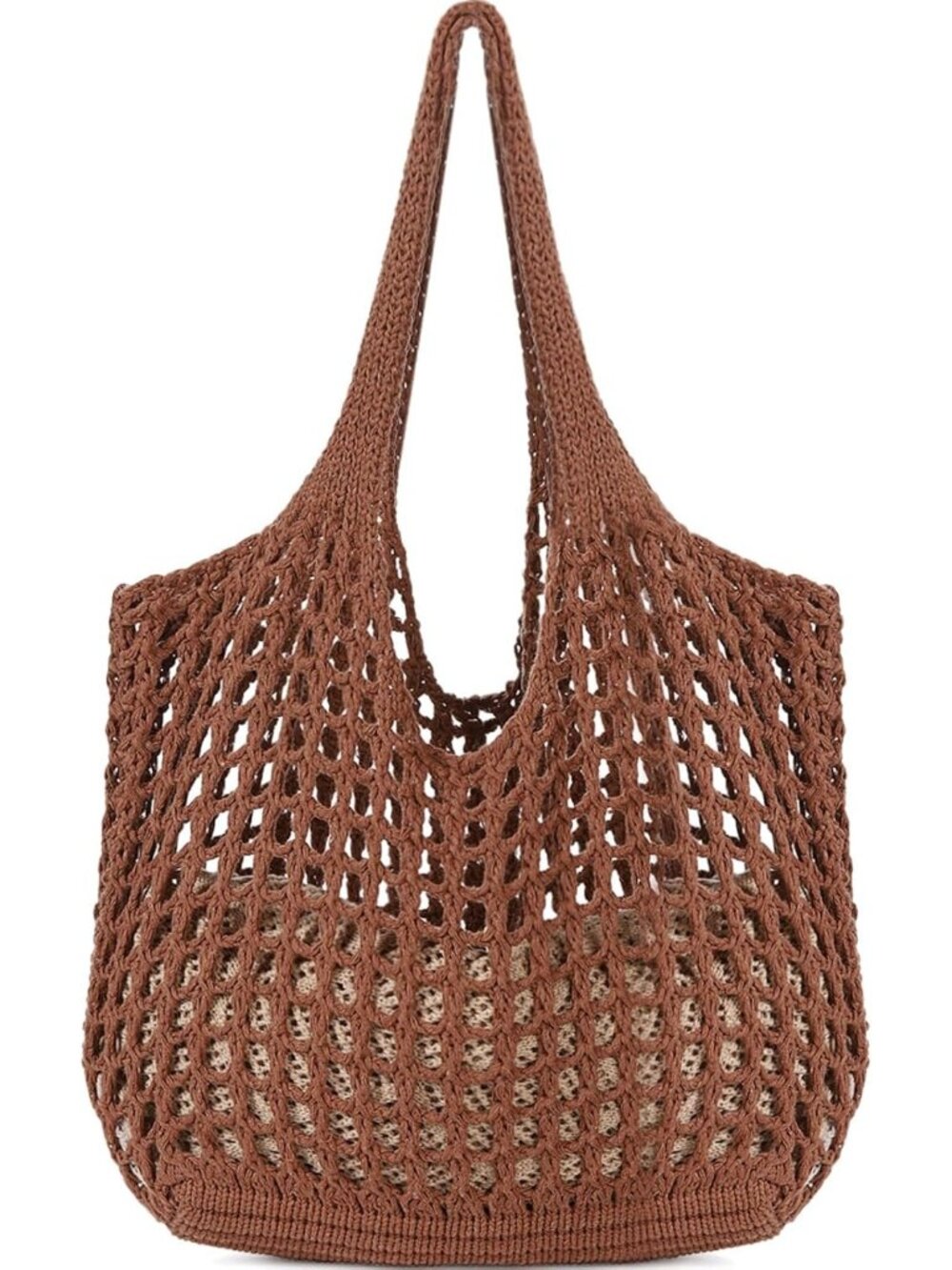 Women's Dark Brown Crochet Mesh Tote Bag Shoulder Lightweight Shopping Handbag